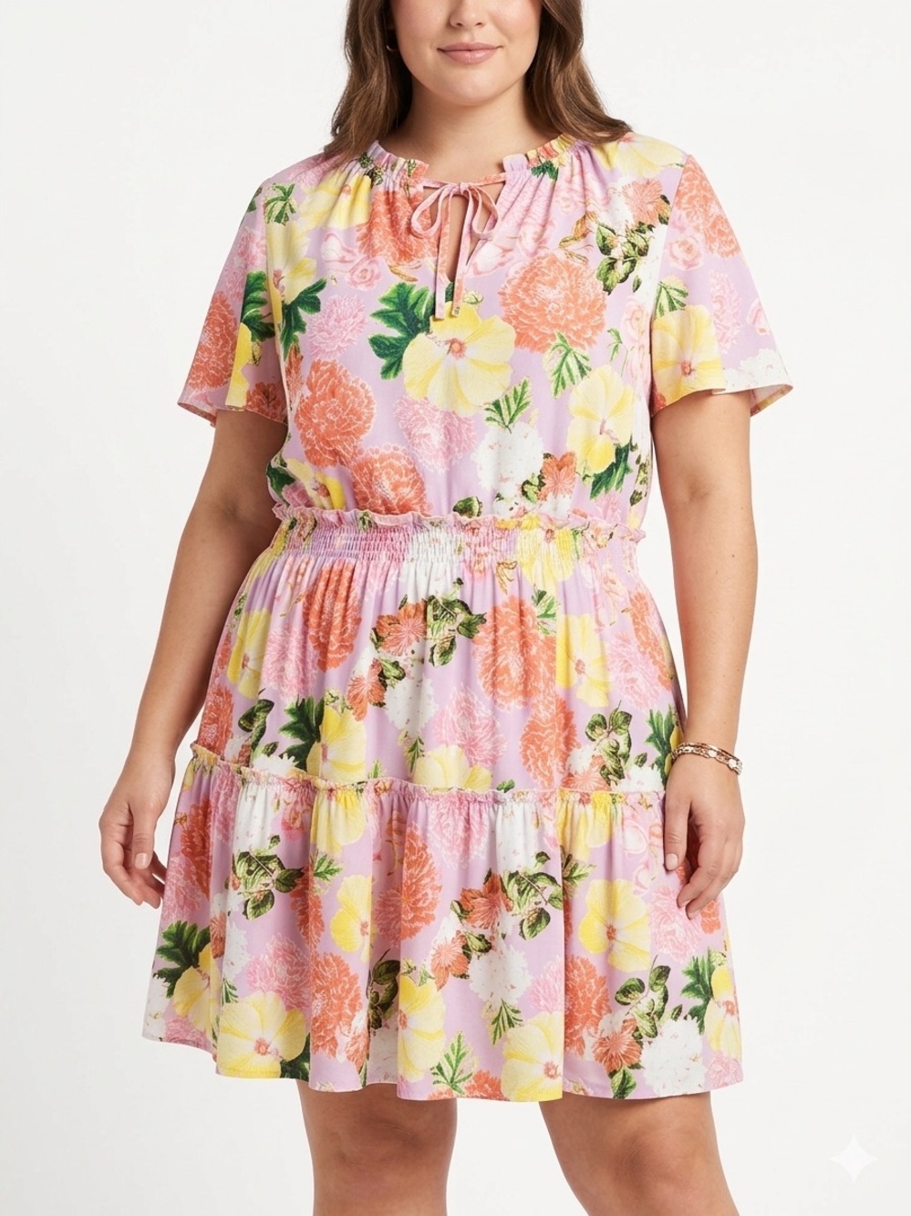 Belle Sky Floral Tiered Mini Dress XXL Pink Yellow Short Sleeve Boho